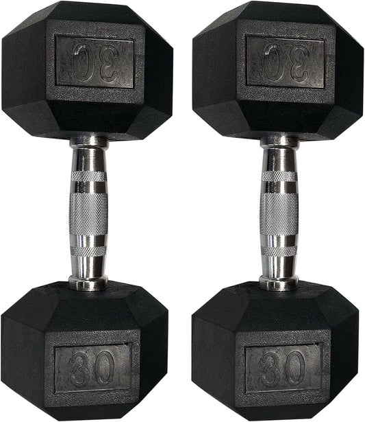 Set of 2 Hex Rubber Dumbbell with Metal Handles, Pair of 2 Heavy Dumbbells (35 Lb)